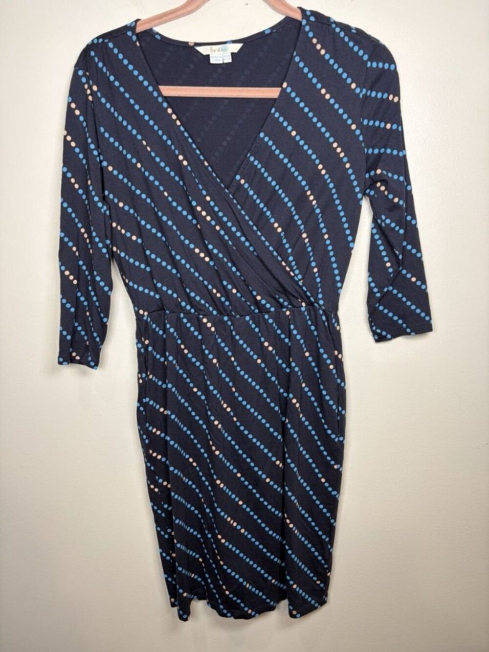 Boden Cressida Faux Wrap Jersey Dress Size 8 Blue Polka Dot Pockets